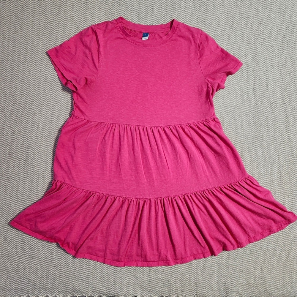 Old Navy Womens Pink Tiered Knit Mini Dress Short Sleeve Cotton Slub Large